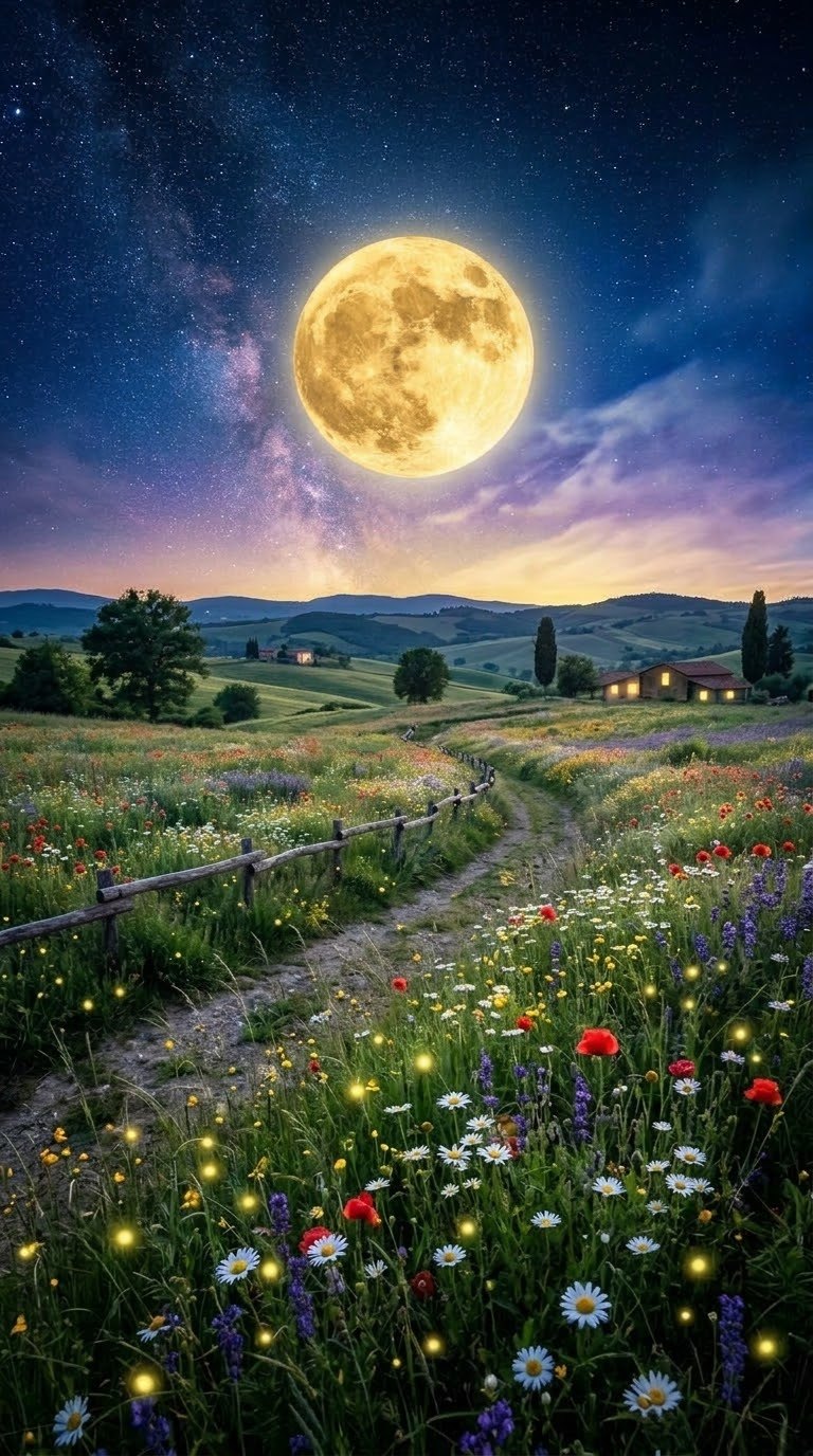 Un prato di fiori di campo sotto la luna